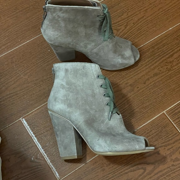 Firth Dez Mule Suede Bootie heel open toe size 6.5 Mousse brown gray green laces - Picture 16 of 16